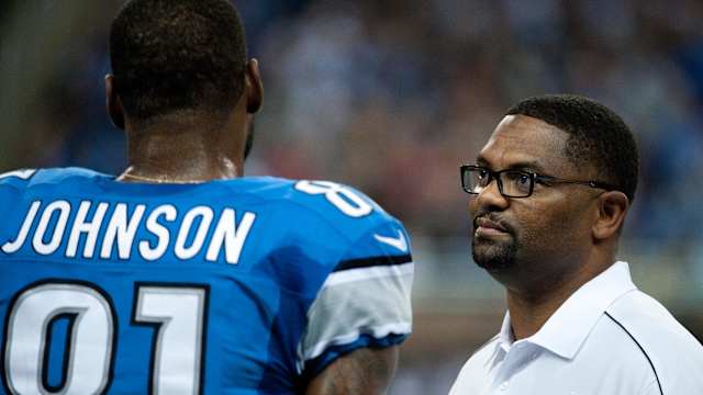 WR coach Shawn Jefferson with Calvin Johnson
